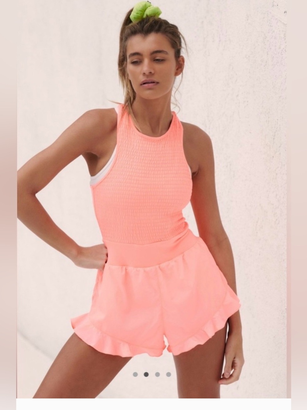 Free People Breathless Bright Pink/Orange/Coral Smocked Romper Shortsie LG NWOT